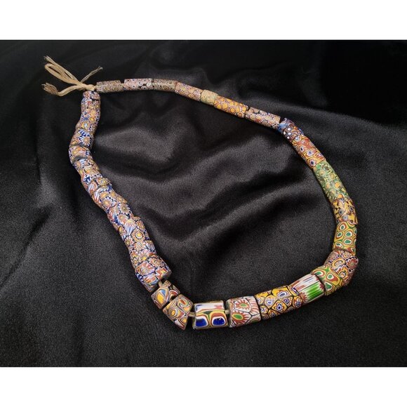 Antique African Millefiori Trade Bead Necklace Handmade Glass Beads On Cord Vibr - Picture 1 of 5